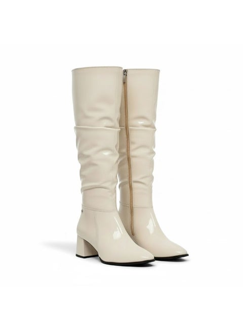 بوت طويل بكعب متوسط من الجلد اللامع LB-48 - بيج