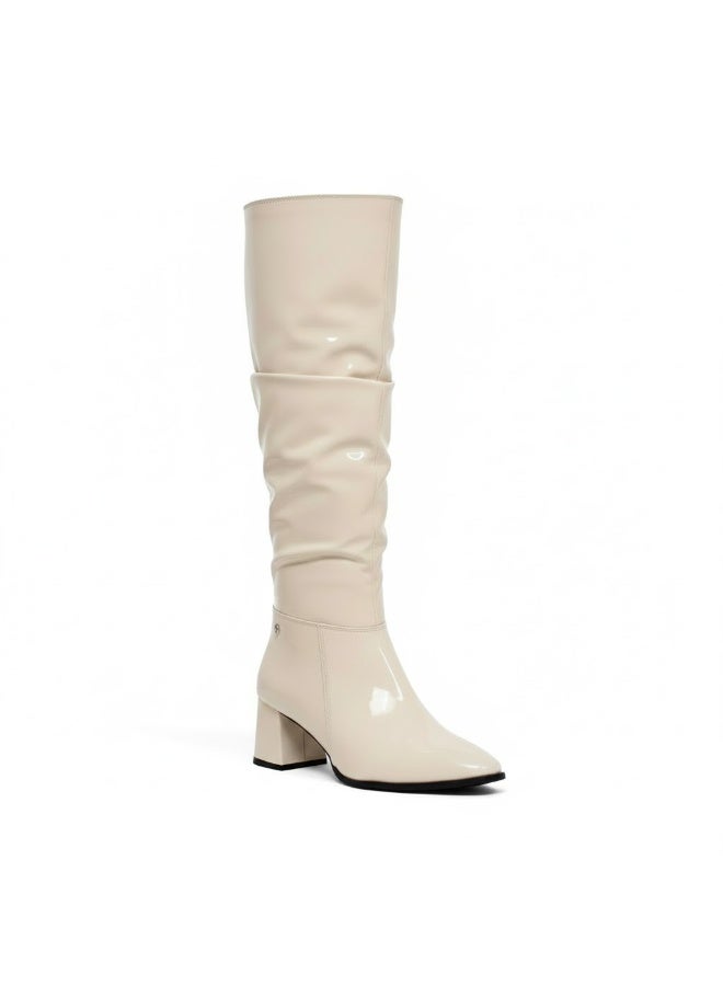 لايف ستيلاش  بوت طويل بكعب متوسط من الجلد اللامع LB-48 - بيج - Image 3