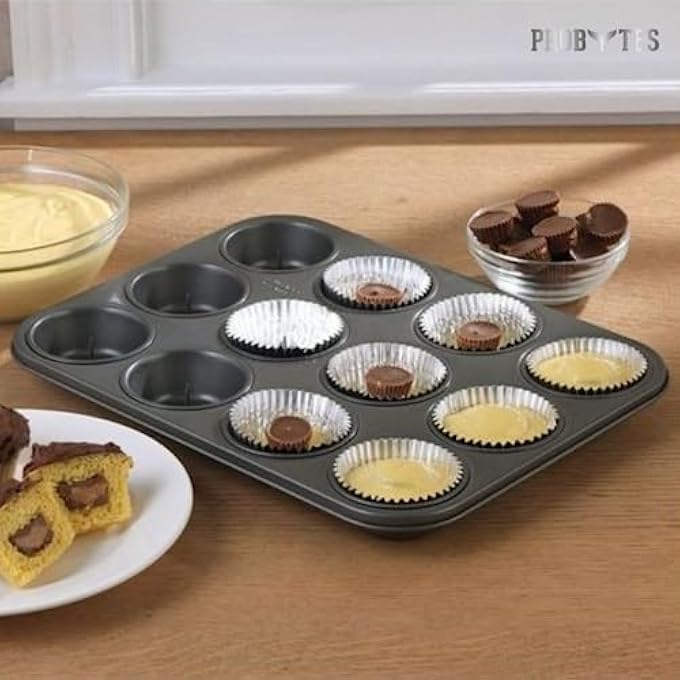 Metal NonStick 12 Cup Mould Tray For Muffins Cupcakes Yorkshire Pudding Thick  Dishwasher Safe  Space Saving Tray  Everyday Use  Parties  Birthdays  Black Pan 12 Cups Muffin Tray - Image 2
