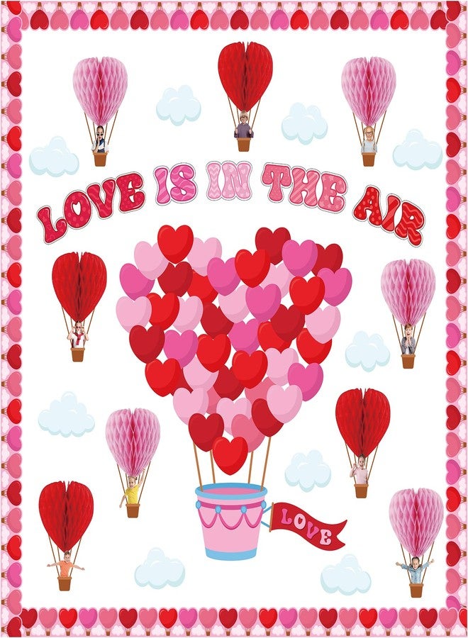 KEASKELL 112Pcs Valentine's Day Classroom Bulletin Board Decorations - Love is in The Air Red Pink Love Heart Clouds Cutouts Hot Air Balloons Honeycombs Trims Sets for Classroom School Weeding Party Supplies - Image 1
