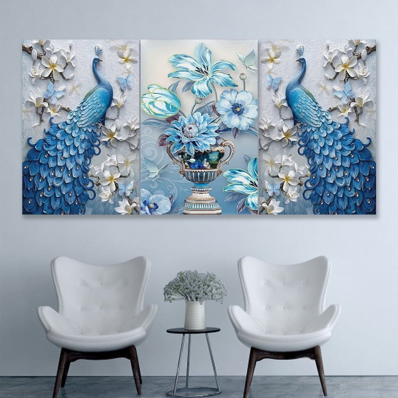Marktna Three modern canvas paintings with a peacock design and a hollow frame, measuring (150×70), three pieces - Image 1