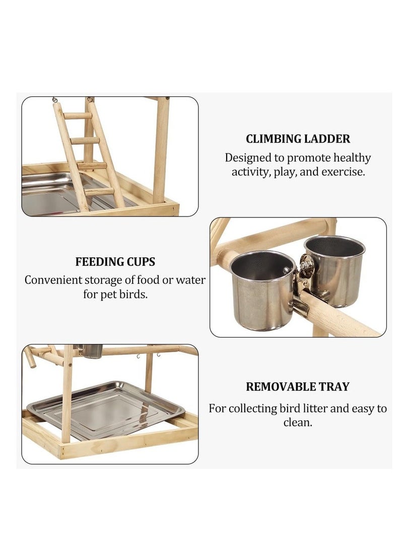 أن ان سي بيتس حامل لعب الطيور للطيور الصغيرة والمتوسطة الحجم، حامل طيور من الخشب الطبيعي مع عش طائر، سلالم تسلق، مجثم متأرجح، ألعاب ملونة، أوعية طعام، وصينية قابلة للإزالة 63 سم (بيج) - Image 5