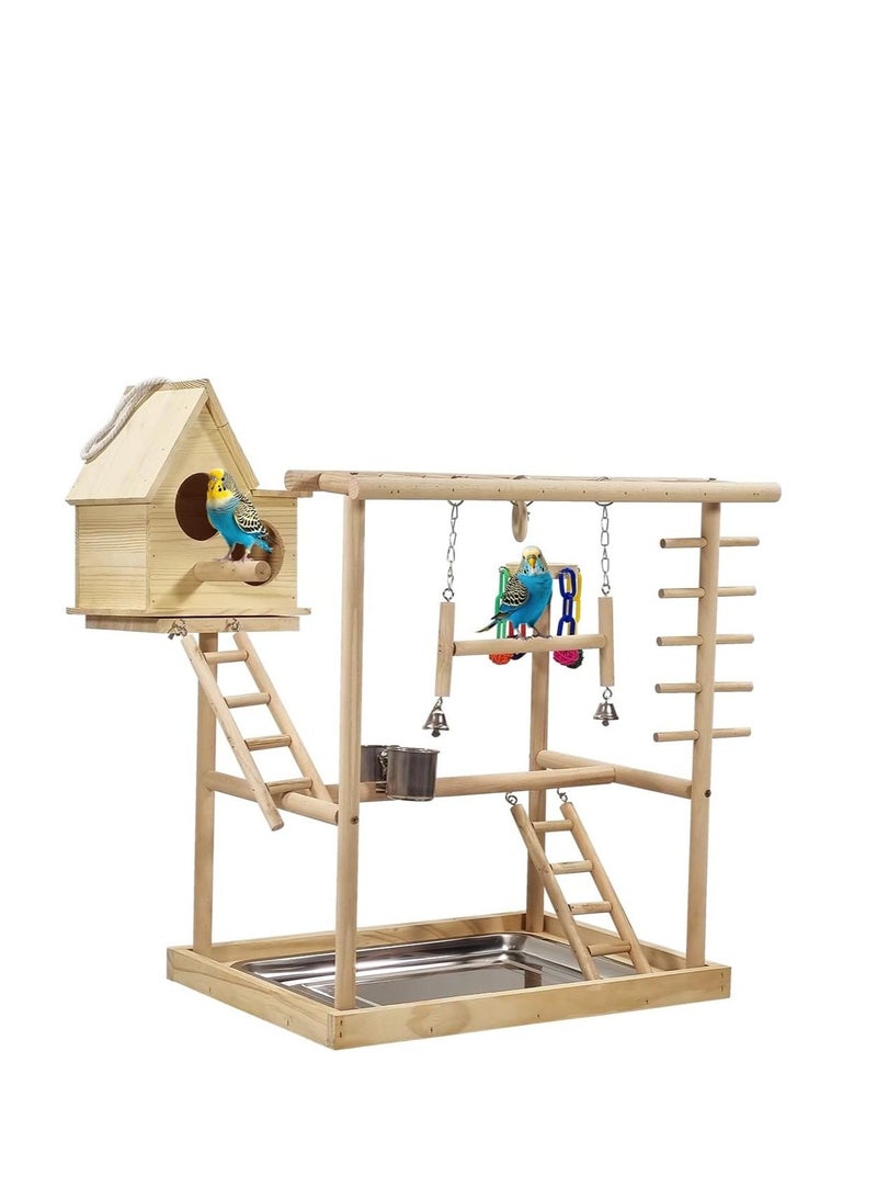 أن ان سي بيتس حامل لعب الطيور للطيور الصغيرة والمتوسطة الحجم، حامل طيور من الخشب الطبيعي مع عش طائر، سلالم تسلق، مجثم متأرجح، ألعاب ملونة، أوعية طعام، وصينية قابلة للإزالة 63 سم (بيج) - Image 2