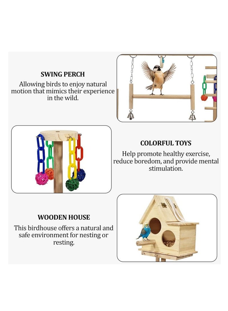 أن ان سي بيتس حامل لعب الطيور للطيور الصغيرة والمتوسطة الحجم، حامل طيور من الخشب الطبيعي مع عش طائر، سلالم تسلق، مجثم متأرجح، ألعاب ملونة، أوعية طعام، وصينية قابلة للإزالة 63 سم (بيج) - Image 4