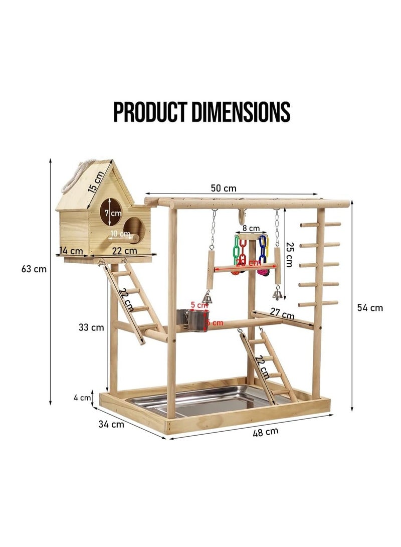 أن ان سي بيتس حامل لعب الطيور للطيور الصغيرة والمتوسطة الحجم، حامل طيور من الخشب الطبيعي مع عش طائر، سلالم تسلق، مجثم متأرجح، ألعاب ملونة، أوعية طعام، وصينية قابلة للإزالة 63 سم (بيج) - Image 3