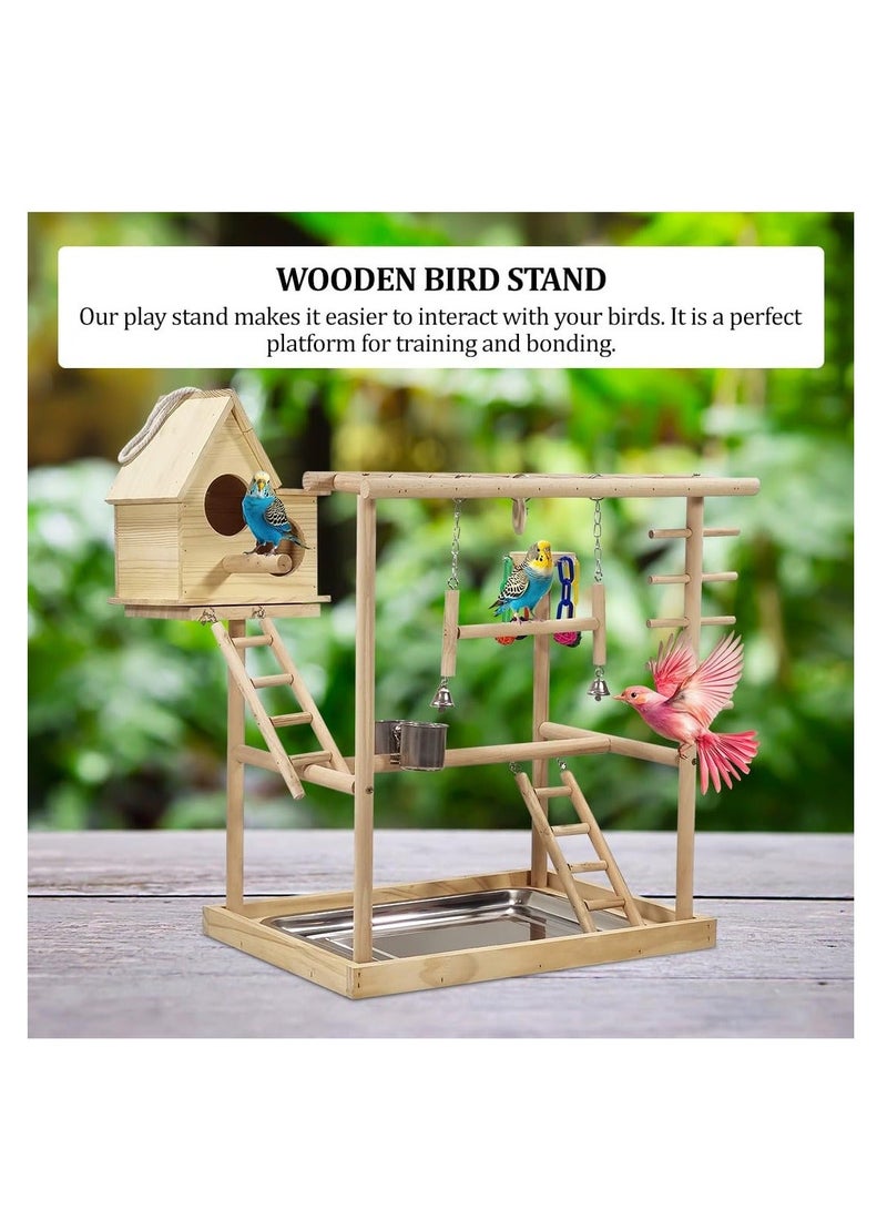 أن ان سي بيتس حامل لعب الطيور للطيور الصغيرة والمتوسطة الحجم، حامل طيور من الخشب الطبيعي مع عش طائر، سلالم تسلق، مجثم متأرجح، ألعاب ملونة، أوعية طعام، وصينية قابلة للإزالة 63 سم (بيج) - Image 1