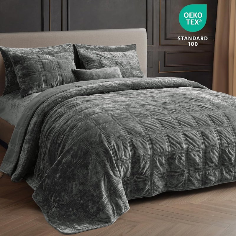 PHF طقم لحاف فخم من قماش المخمل بحجم كوين، لحاف مخمل خفيف الوزن، طقم سرير مبطن بتصميم الماس فائق النعومة، غطاء سرير لتزيين المنزل 90" x 92" مع 2 غطاء وسادة 20" x 26"، رمادي - Image 3