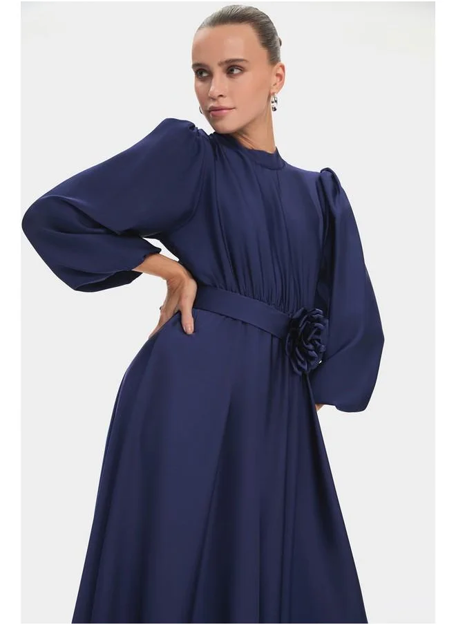 JUNE June Women Balloon Sleeve Accessory Detail on the Waist Maxi Dress Navy