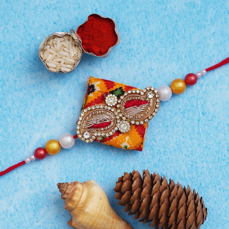 iinfinize Auspicious Kundan Rakhi For Bhaiya | Handmade Zari Work Rakhis | Unique Zarkan Designer Rakhi for Brother | Ethnic Cotton Thread Rakhis For Bhai With Roli Chawal - Image 2