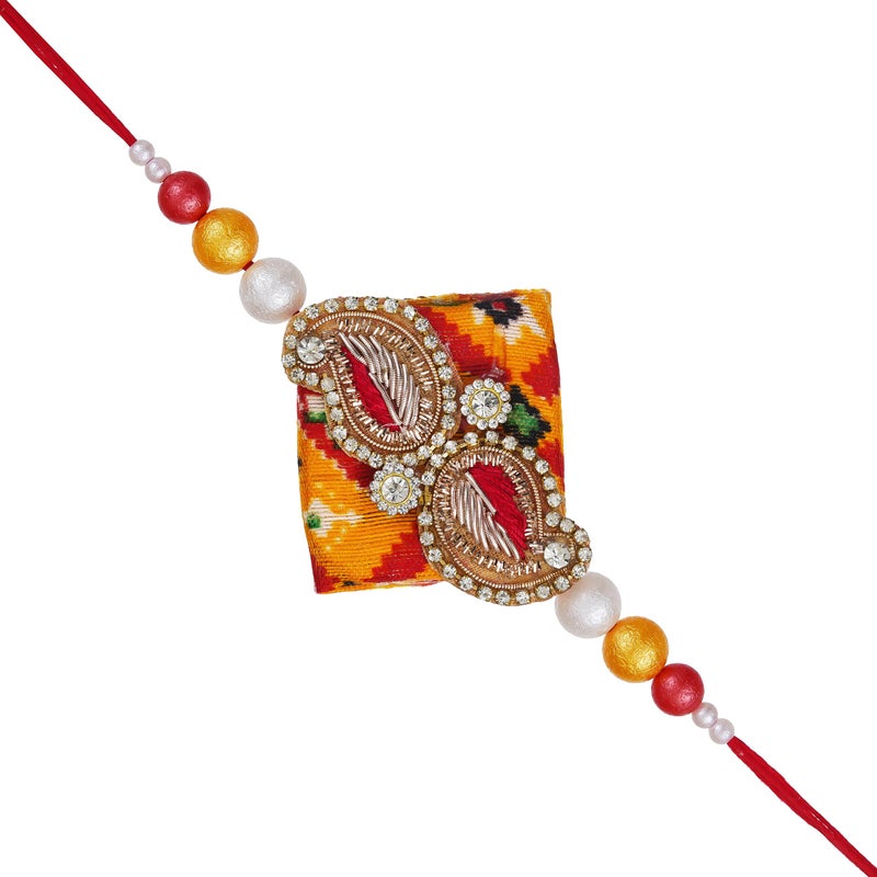 iinfinize Auspicious Kundan Rakhi For Bhaiya | Handmade Zari Work Rakhis | Unique Zarkan Designer Rakhi for Brother | Ethnic Cotton Thread Rakhis For Bhai With Roli Chawal - Image 1
