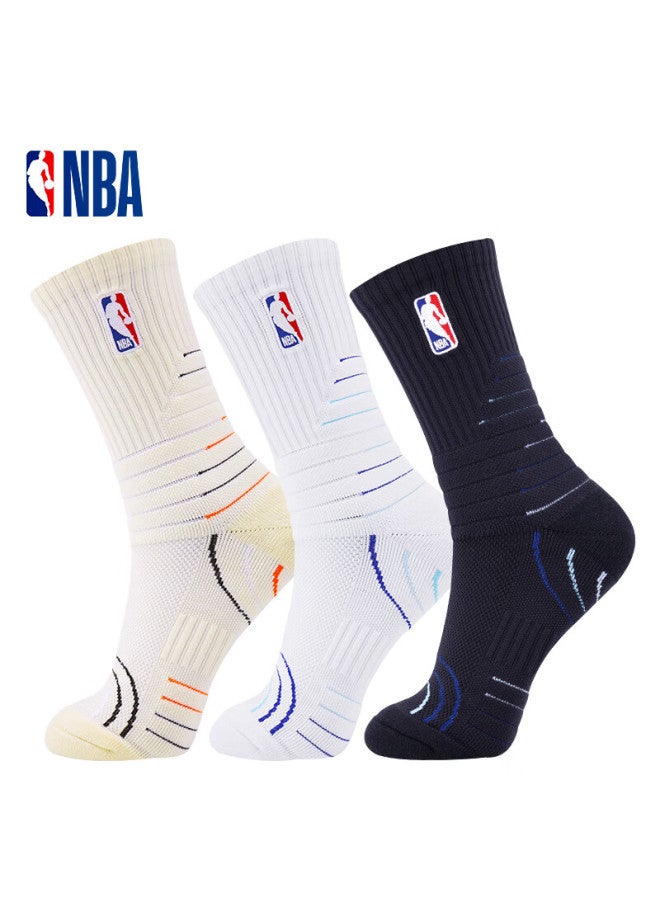 Nba Casual Sports Socks, Men's High-top Cotton Socks, Running Long Tube Terry Thickened Towel Bottom Basketball Socks For Men, 3 Pairs - Image 1