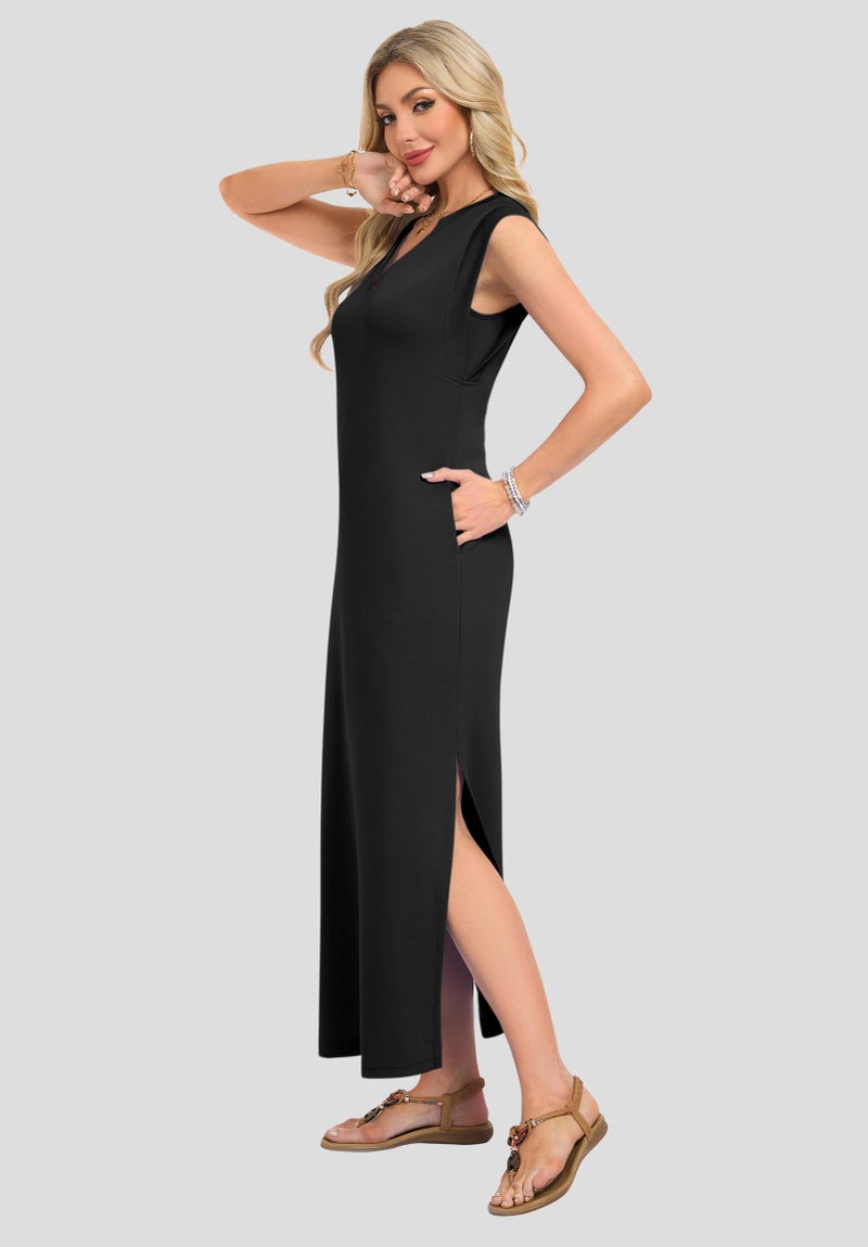 AUSELILY Sundresses for Women Wrinkle Free Casual Travel V Neck Split Sleeveless Loose Long Maxi Dress with Pockets 2026 Black M - Image 5