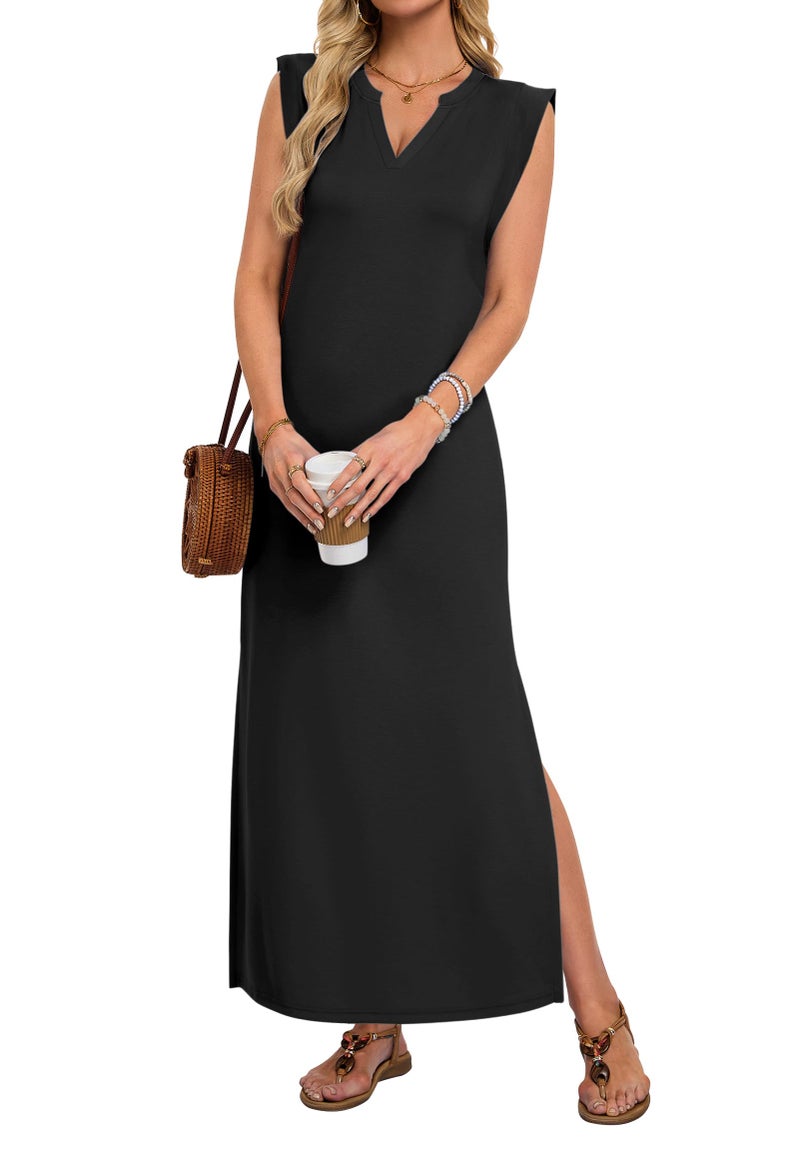 AUSELILY Sundresses for Women Wrinkle Free Casual Travel V Neck Split Sleeveless Loose Long Maxi Dress with Pockets 2026 Black M - Image 1