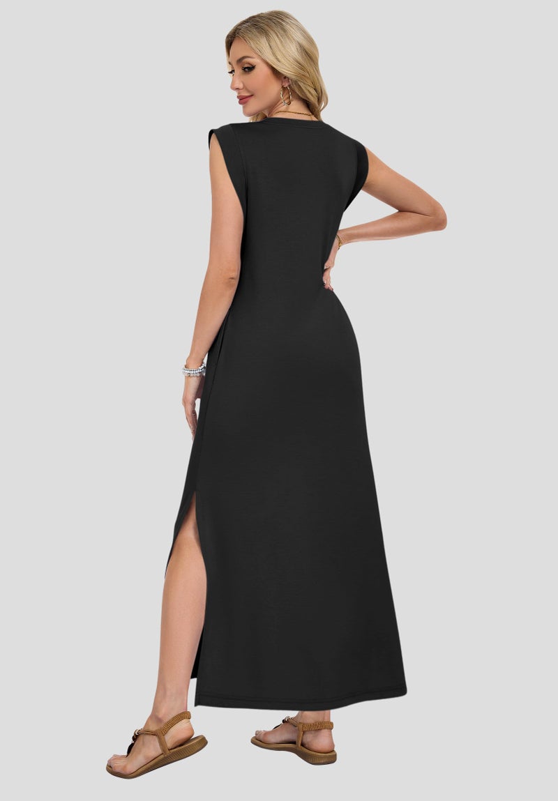 AUSELILY Sundresses for Women Wrinkle Free Casual Travel V Neck Split Sleeveless Loose Long Maxi Dress with Pockets 2026 Black M - Image 2