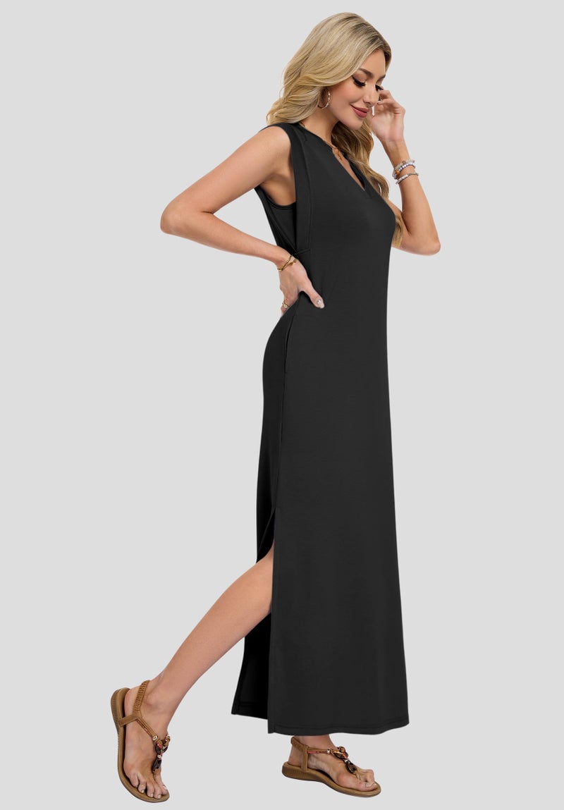 AUSELILY Sundresses for Women Wrinkle Free Casual Travel V Neck Split Sleeveless Loose Long Maxi Dress with Pockets 2026 Black M - Image 4