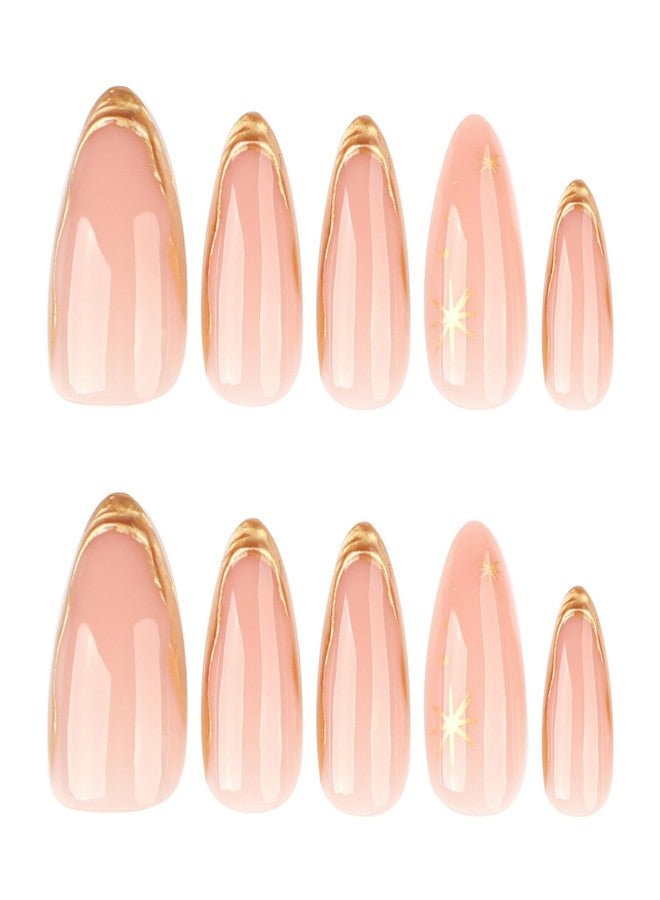 GRITOSE 24Pcs Almond Press on Nails Medium Fake Nails French Tip False Nail with Golden Star Pattern Design Artificial Acrylic Nails Press ons Glossy Full Cover Stick on Nails Reusable Almond Nails for Women - Image 5