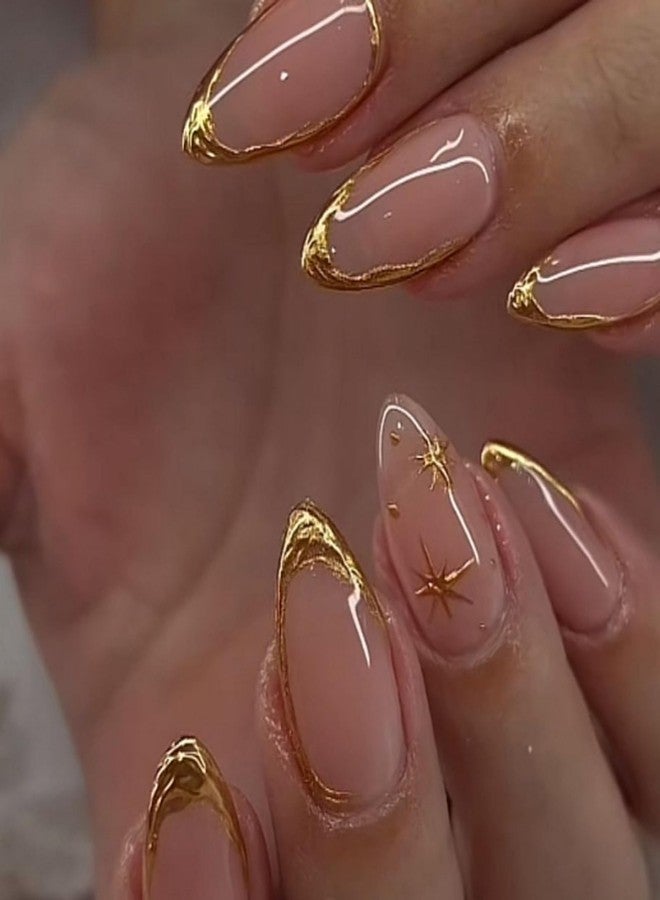 GRITOSE 24Pcs Almond Press on Nails Medium Fake Nails French Tip False Nail with Golden Star Pattern Design Artificial Acrylic Nails Press ons Glossy Full Cover Stick on Nails Reusable Almond Nails for Women - Image 1