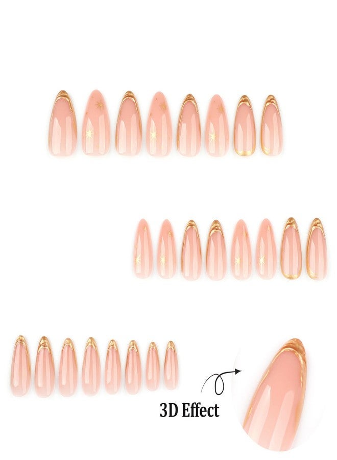 GRITOSE 24Pcs Almond Press on Nails Medium Fake Nails French Tip False Nail with Golden Star Pattern Design Artificial Acrylic Nails Press ons Glossy Full Cover Stick on Nails Reusable Almond Nails for Women - Image 4
