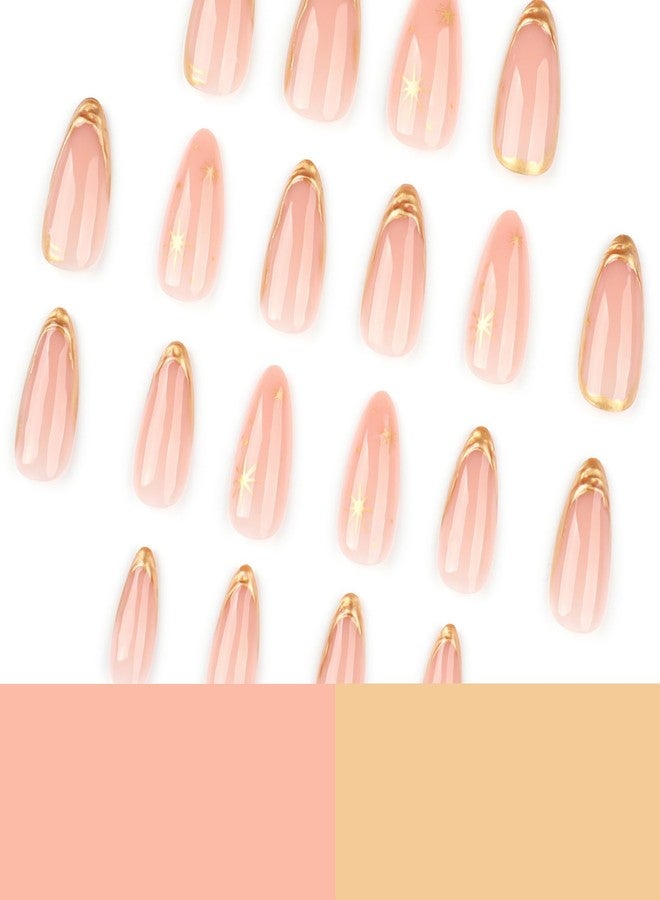 GRITOSE 24Pcs Almond Press on Nails Medium Fake Nails French Tip False Nail with Golden Star Pattern Design Artificial Acrylic Nails Press ons Glossy Full Cover Stick on Nails Reusable Almond Nails for Women - Image 2