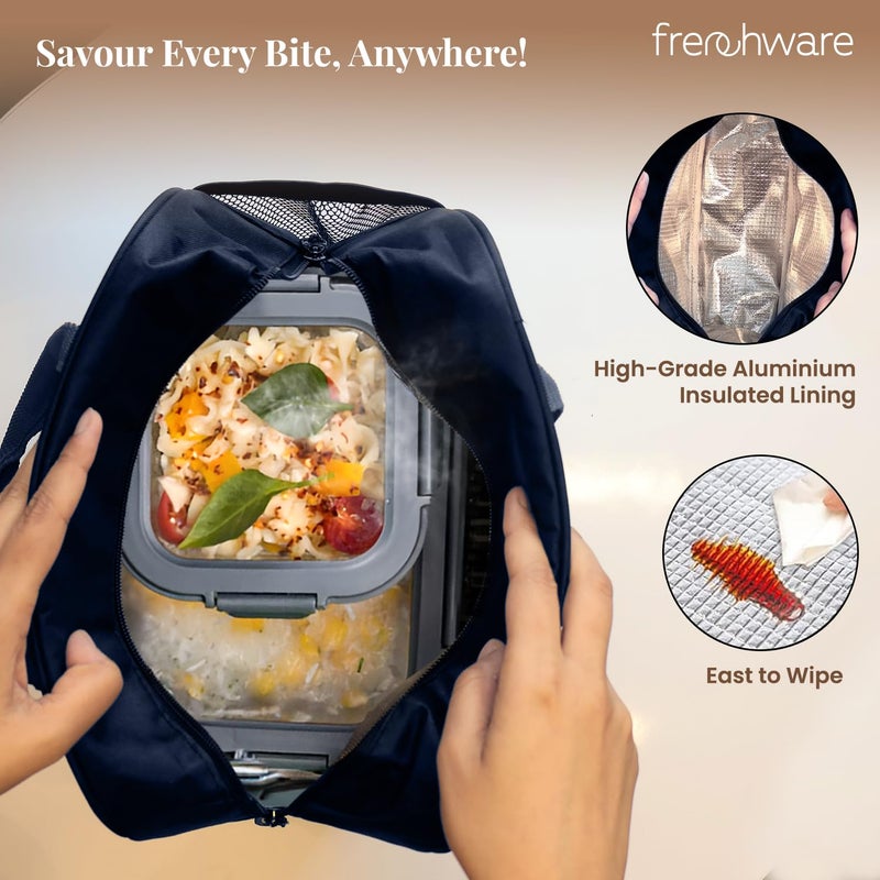 Frenchware Insulated Lunch Bag (8 Litre, Black), Office Tiffin Bags for Men and Women, Hot & Cold Travel Lunch Box for Men, Tiffin Box & Bottles, Lunch Bag for Office, Picnic Bag (Blue) - Image 3