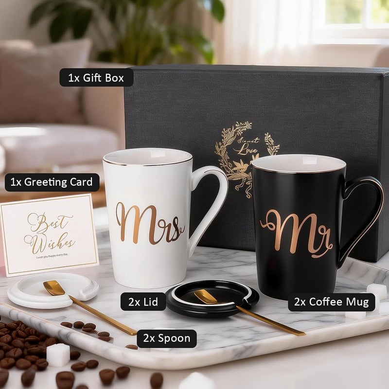 ALBISS Wedding Gifts for Bride and Groom – 14oz Ceramic Mr and Mrs Coffee Mugs Set（Black，White），Perfect for Couples Engagement Bridal Shower Gift Anniversary Gifts - Image 2