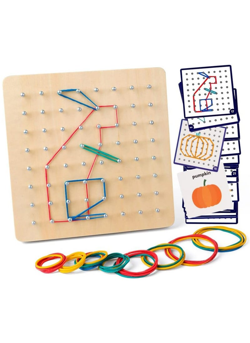 Arabest - Wooden Geoboard Mathematical, Manipulative Material Array Block Geo Board – Graphical Educational Toys with 30Pcs Pattern Cards and Latex Bands Shape STEM Puzzle Matrix, 8x8 Brain Teaser for Kid - Image 1