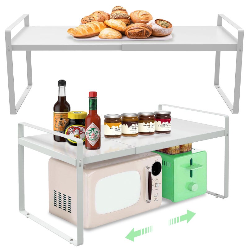 KOMOHOM Cabinet Shelves Organizer for Kitchen 11", Expandable Shelf with Adjustable Length, Metal Countertop Organizer, Fits Pantry, Over the Sink, Spices, Microwave & Dishes Storage, White (2 Pack) - Image 1