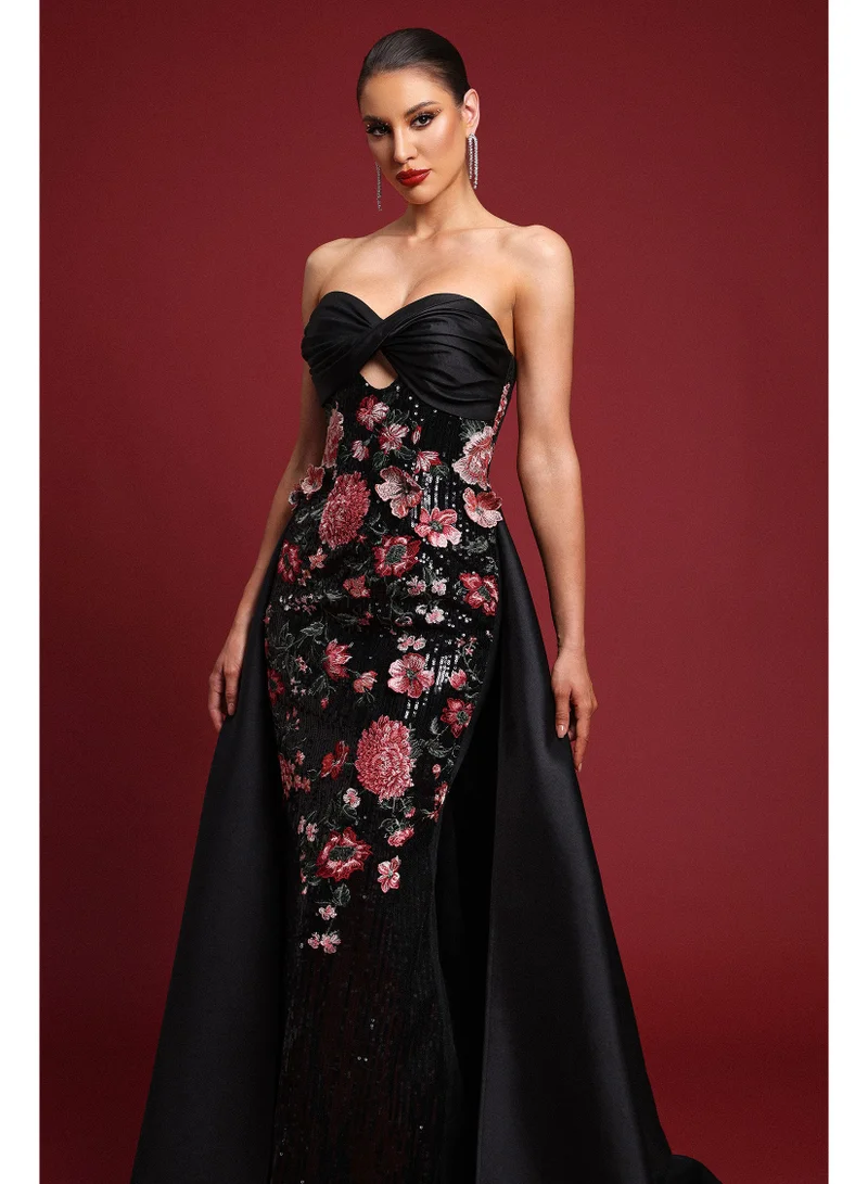 بيلا بارنيت فستان دوريس ماكسي أنيق مطرز بدون حمالات مزين بالترتر الزهري