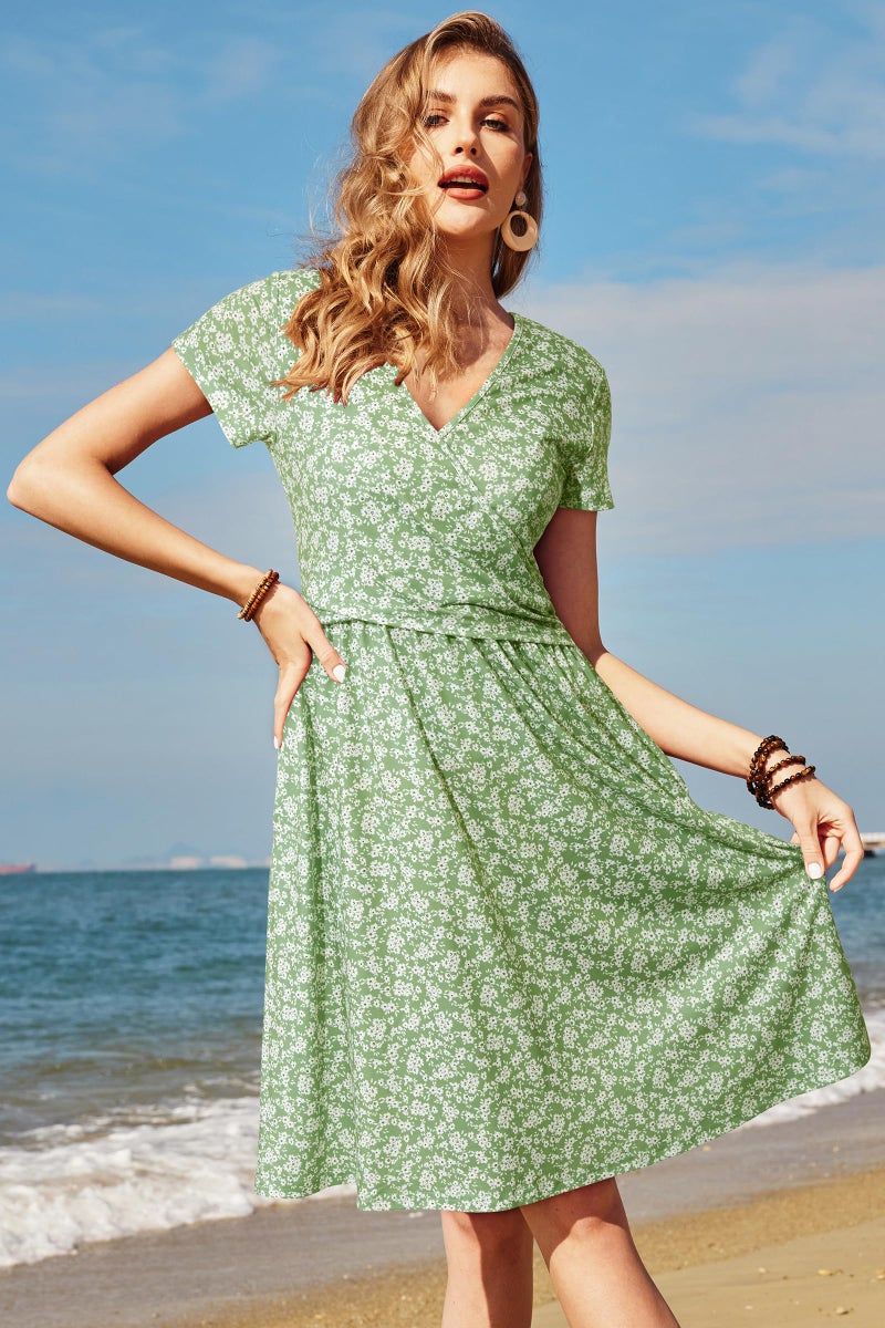OUGES Maternity Nursing Dress Breastfeeding Short Sleeve V Neck Casual Pregnancy Postpartum Dress Pockets(Floral I,L) - Image 3