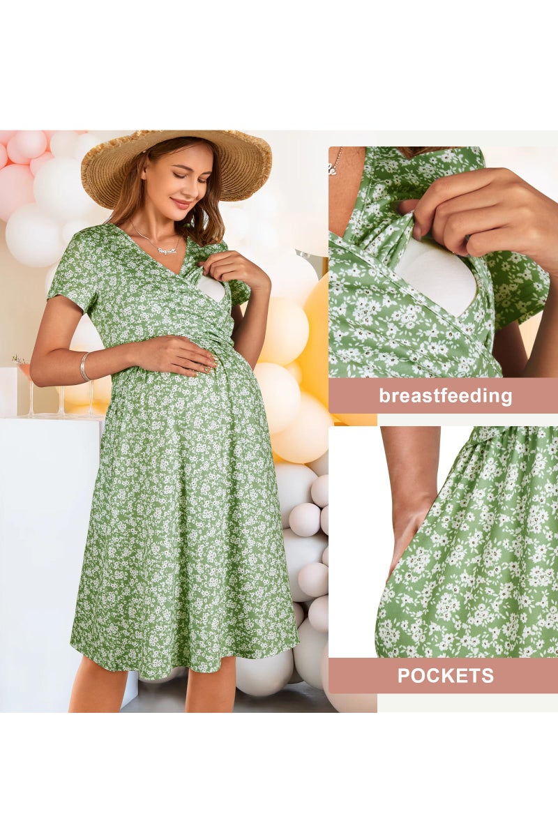 OUGES Maternity Nursing Dress Breastfeeding Short Sleeve V Neck Casual Pregnancy Postpartum Dress Pockets(Floral I,L) - Image 5