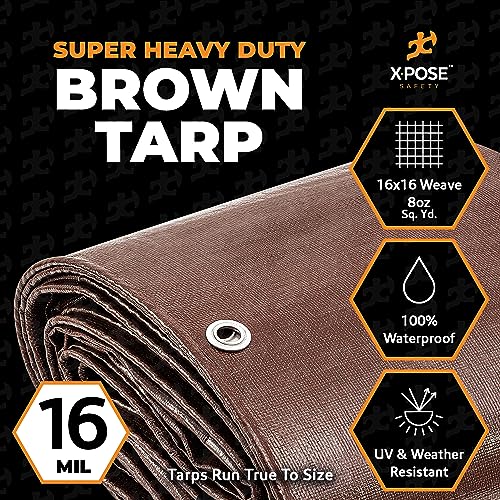 xpose safety 6' x 8' Super Heavy Duty 16 Mil Brown Poly Tarp Cover - Thick Waterproof, UV Resistant, Rip and Tear Proof Tarpaulin with Grommets and Reinforced Edges - by Xpose Safety - Image 2