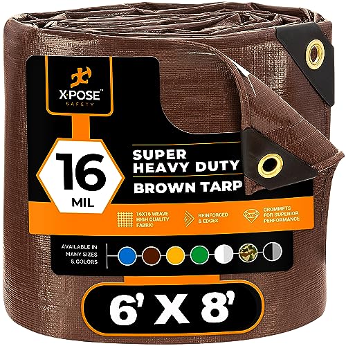 xpose safety 6' x 8' Super Heavy Duty 16 Mil Brown Poly Tarp Cover - Thick Waterproof, UV Resistant, Rip and Tear Proof Tarpaulin with Grommets and Reinforced Edges - by Xpose Safety - Image 1