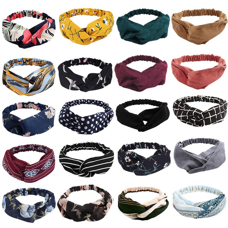 AHONEY Boho Knotted Twisted Floral Headbands 20 Pack Elastic Headband Hair Accessories for Women