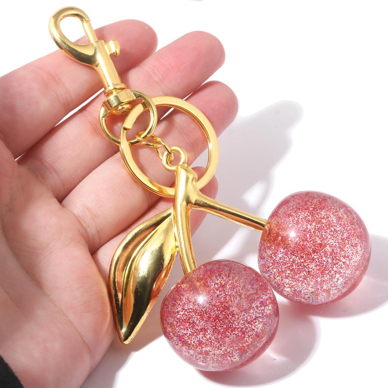SORGERLY Pink Cherry Bag Charm Keychain - Gold Key Chain, Cute Purse Handbag Fruit Accessories - Beautiful Birthday Gift for Women (Pink) - Image 3