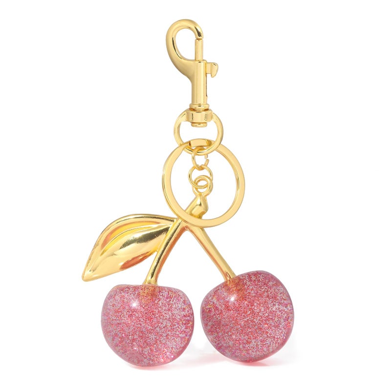 SORGERLY Pink Cherry Bag Charm Keychain - Gold Key Chain, Cute Purse Handbag Fruit Accessories - Beautiful Birthday Gift for Women (Pink) - Image 1