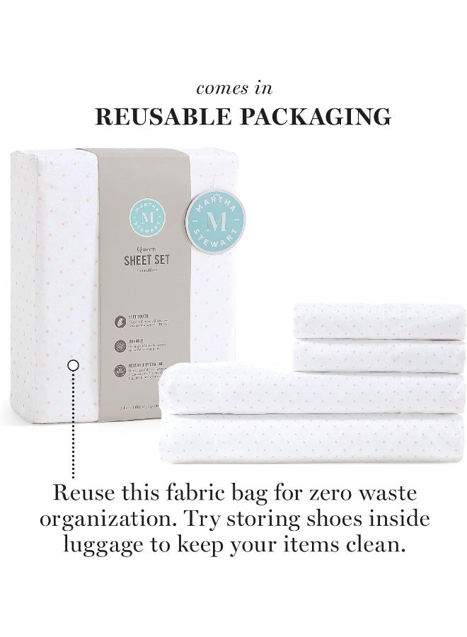 Martha stewart MARTHA STEWART Ultra Soft Brushed and Washed Microfiber 4 Piece Sheet Set, Easy Care, Deep Pocket Comfy Sheets, Queen Size, White & Blush Pink  - Image 3