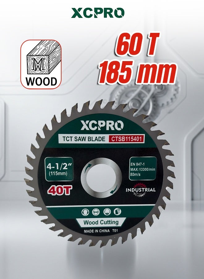 TCT Saw Blade 185mm 60T 1.4mm, Tungsten Carbide Tipped Wood Cutting Blade for Circular Saws, Fine Woodworking and Carpentry, Color Box