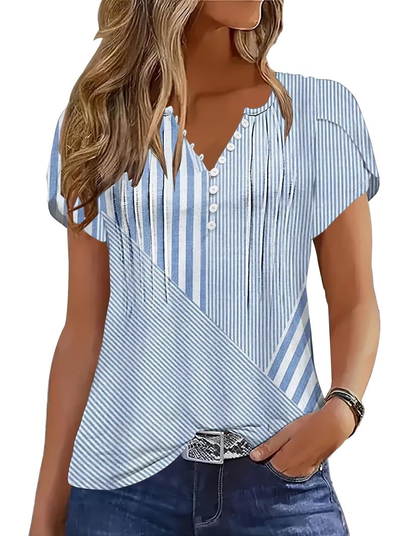 Disamer Summer Tops for Women Petal Short Sleeve Shirts Dressy Pleated Tunic 2026 Casual V Neck Button Down Blouses,Striped Blue,X-Large - Image 1