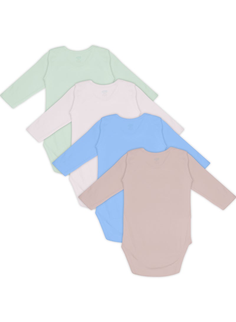 BabiesBasic 100% Super Combed Cotton, Long Sleeves Bodysuit, for New Born to 24months. Set of 4, Green, Beige, Blue, Mocha