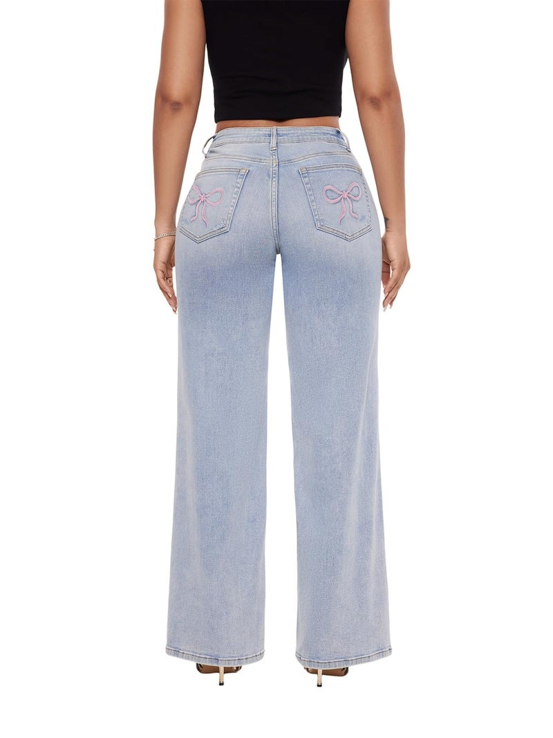 ONESO Mid-Low Rise Baggy Jeans Wide Leg for Women Distressed Pants Stretchy Bottom Lady Basic Comfortable Denim Embroidery - Image 2