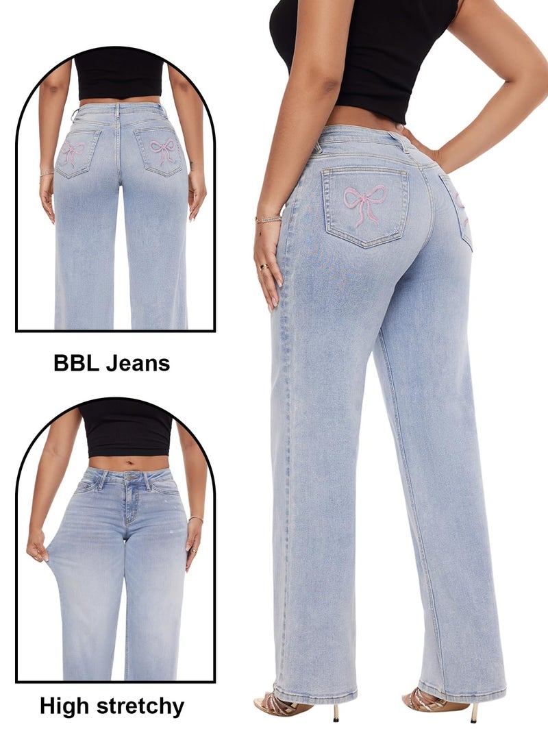 ONESO Mid-Low Rise Baggy Jeans Wide Leg for Women Distressed Pants Stretchy Bottom Lady Basic Comfortable Denim Embroidery - Image 4