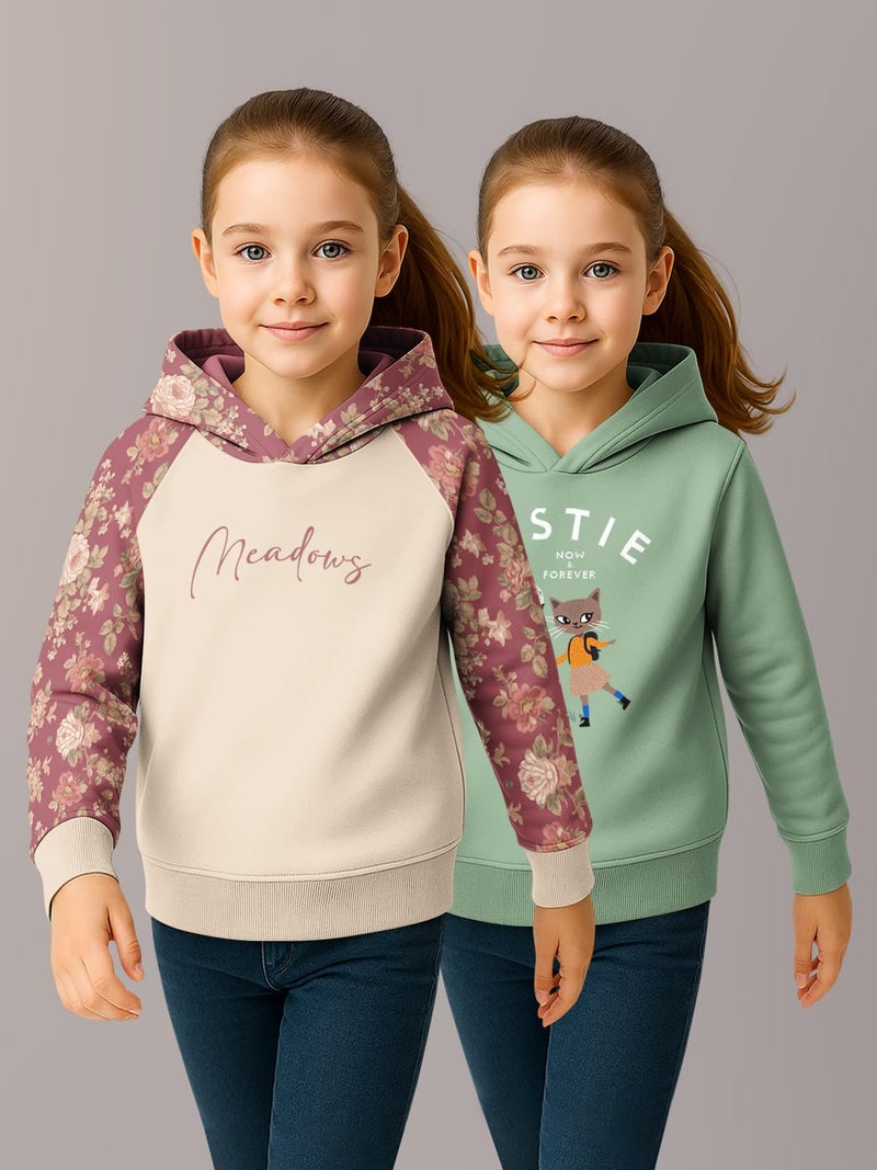 HELLCAT Trendy Cotton Blend Hoodie Sweatshirt for Girls - Pack of 2_Brown, Sea Green_9-10Years - Image 2