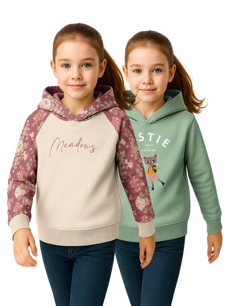 HELLCAT Trendy Cotton Blend Hoodie Sweatshirt for Girls - Pack of 2_Brown, Sea Green_9-10Years - Image 1