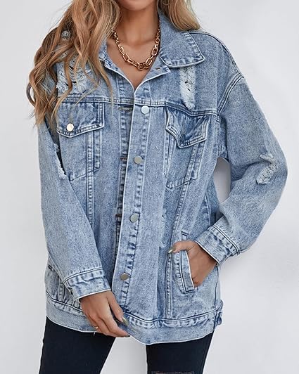 LifeShe Women's long oversized denim jacket boyfriend ripped distressed jean jackets coat - Image 3