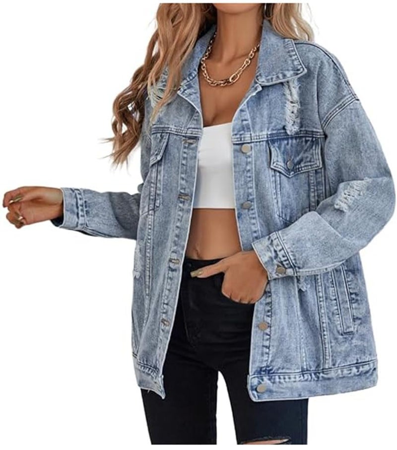 LifeShe Women's long oversized denim jacket boyfriend ripped distressed jean jackets coat - Image 1