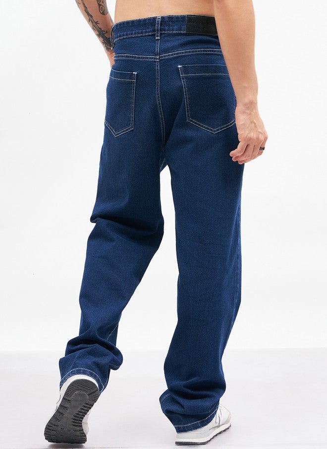 Dark Blue Relaxed Fit Jeans for Men image 4