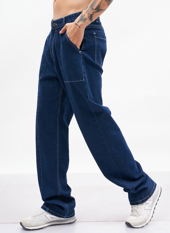 Dark Blue Relaxed Fit Jeans for Men image 3