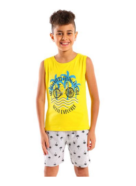 بيجامة اولادى مطبوع النخل شورت وتيشرت كت لون اصفر