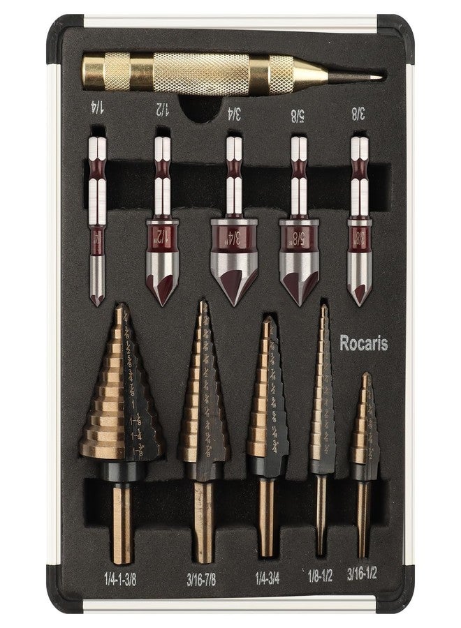 Rocaris 5 Pack Step Drill Bit & 5 Pack M2 Countersink Drill Bit Set, Titanium Coated, 50 Sizes of Step Bit for Metal with Aluminum Case, Multiple Hole Stepped Up Bits for DIY - Image 1