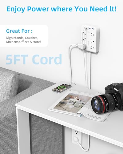 PAEWOK Surge Protector Power Strip, Flat Plug Extension Cord with Multiple Outlets, 6 AC, 4 USB (2 USB C), 5FT Outlet Extender Stick, Home Office Dorm Room Essentials, White - Image 4